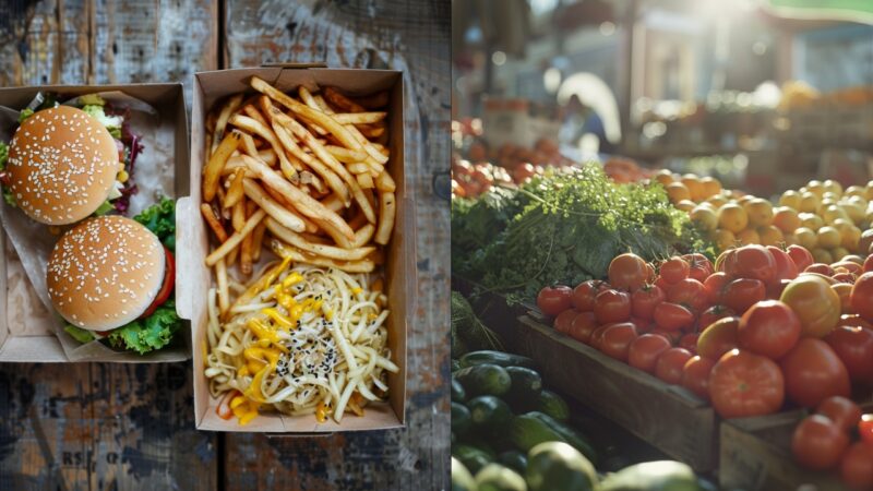 Burger and Fries with sauce VS. fruit and vegetable market - comparison of organic and fast food