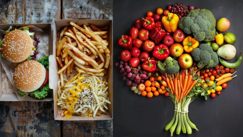 Burger and Fries with sauce VS. fruit and vegetable tree - comparison of organic and fast food
