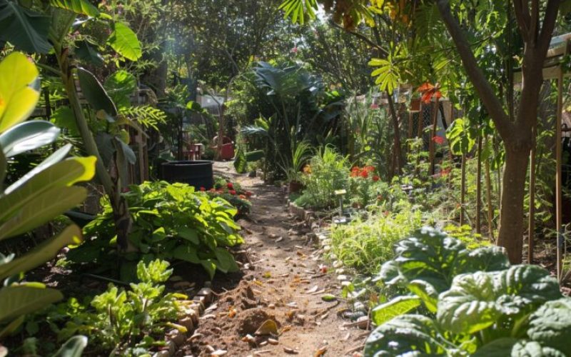 Colorfull green diverse garden with a earthy path leading to deeper parts of garden