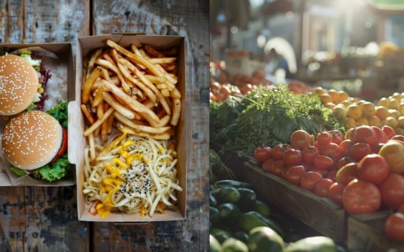 Burger and Fries with sauce VS. fruit and vegetable market - comparison of organic and fast food