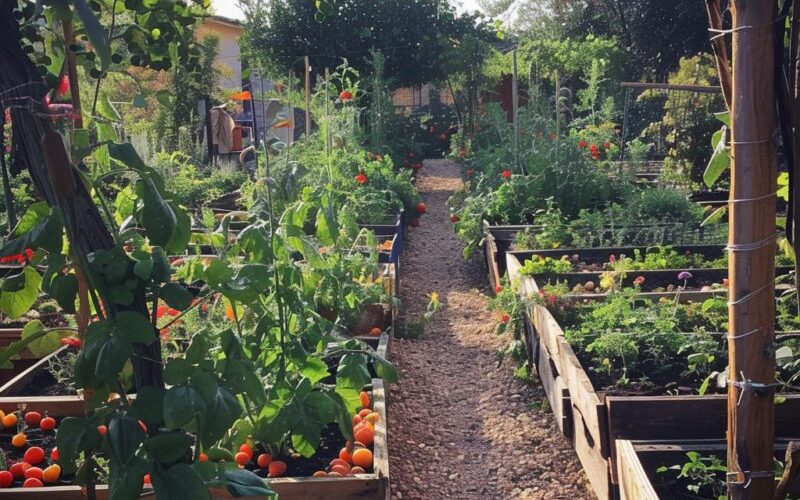 Outdoor organic garden with tomatoes and vegetables and greenery